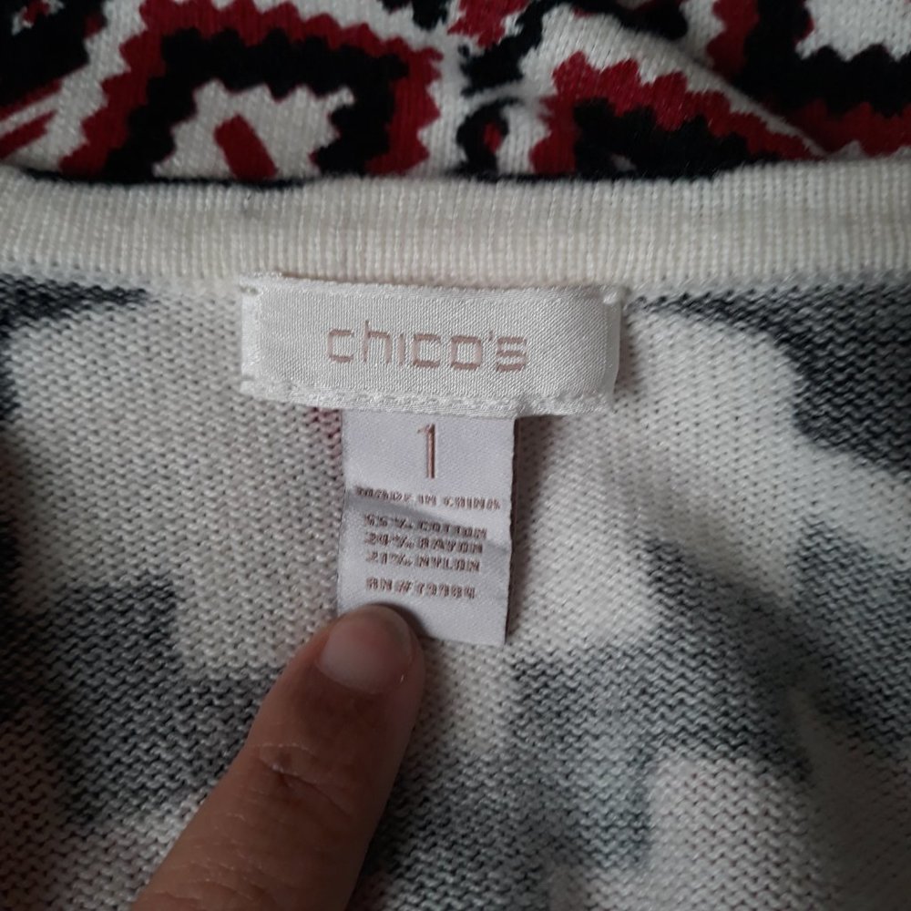 Chicos Sz 1 (MEDIUM) Tribal Chevron Lacey Open Front Cardigan Sweater Soft Knit - Picture 7 of 8